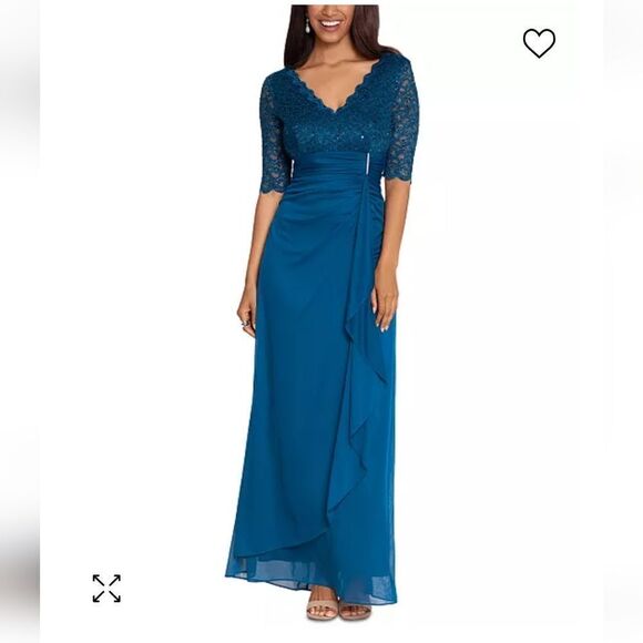 Betsy and Adam Full Length Lace Top Waterfall Detail Gown Size 6 - Picture 1 of 7